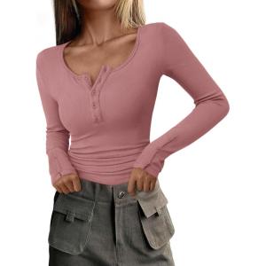 PRETTYGARDEN Women’s 2025 Summer Long Sleeve Henley T Shirts Ribbed Knit Button Slim Fitted Basic Casual Going Out Fall Tops(Grey Pink)