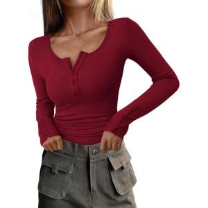 PRETTYGARDEN Women’s 2025 Summer Long Sleeve Henley T Shirts Ribbed Knit Button Slim Fitted Basic Casual Going Out Fall Tops(Wine Red)