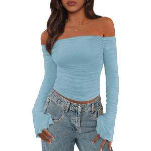 PRETTYGARDEN Women’s Long Sleeve Mesh Crop Shirt(Light Blue)