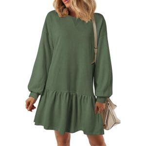 PRETTYGARDEN Womens Patchwork Sweatshirt Dress 2025 Fall Casual Long Sleeve Crewneck Pullover Cute Babydoll Mini Dresses(Green)