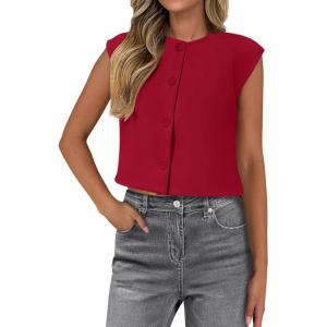 PRETTYGARDEN Women’s Suit Vest Crop Tops Spring Summer Dressy Business Casual Work Office Clothes Trendy Blazer Waistcoat(Red)