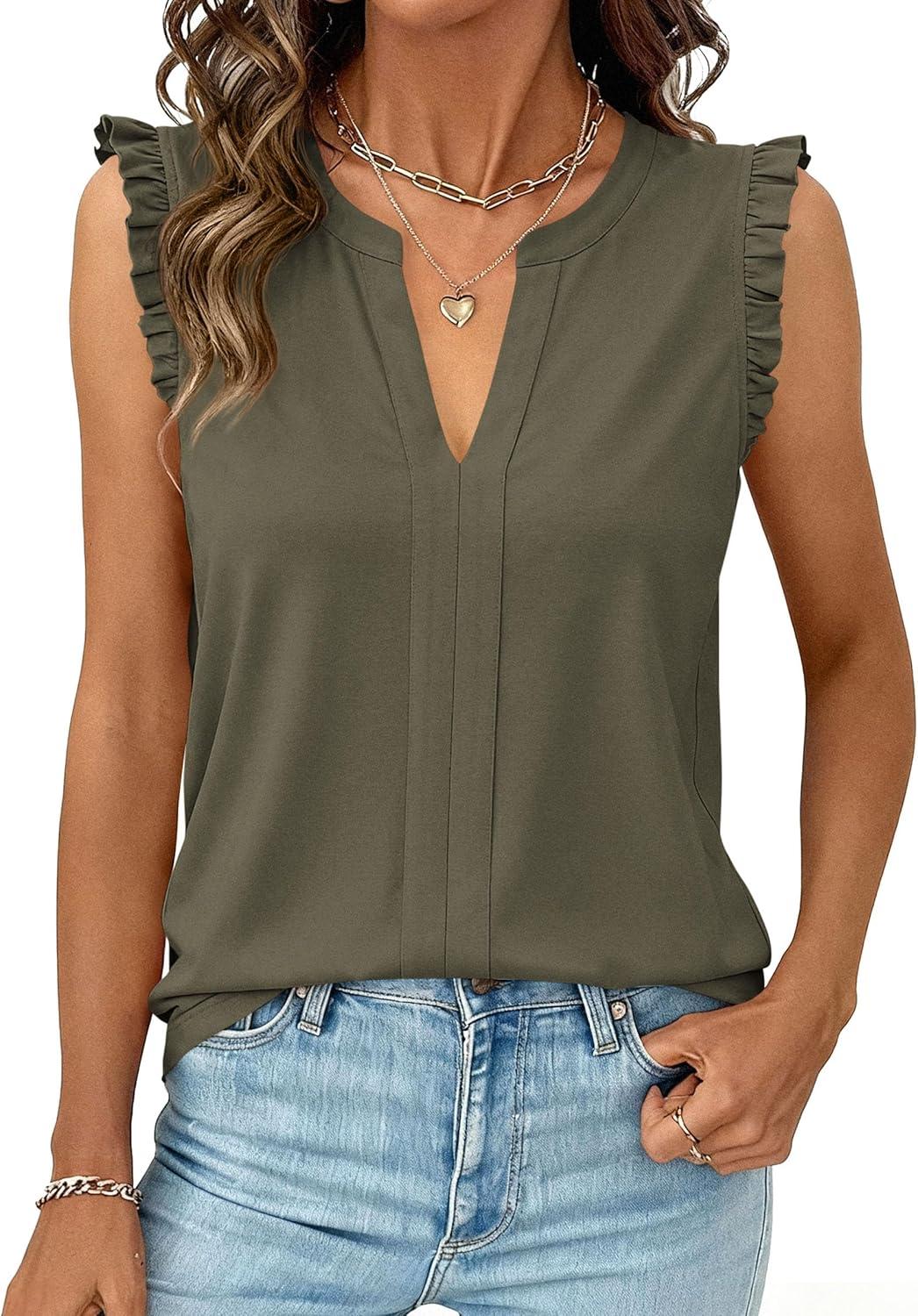imagePRETTYGARDEN Sleeveless Tops for Women 2026 Summer Dressy V Neck Ruffle Blouses Spring Work Office Shirts Going Out TopsArmy Green