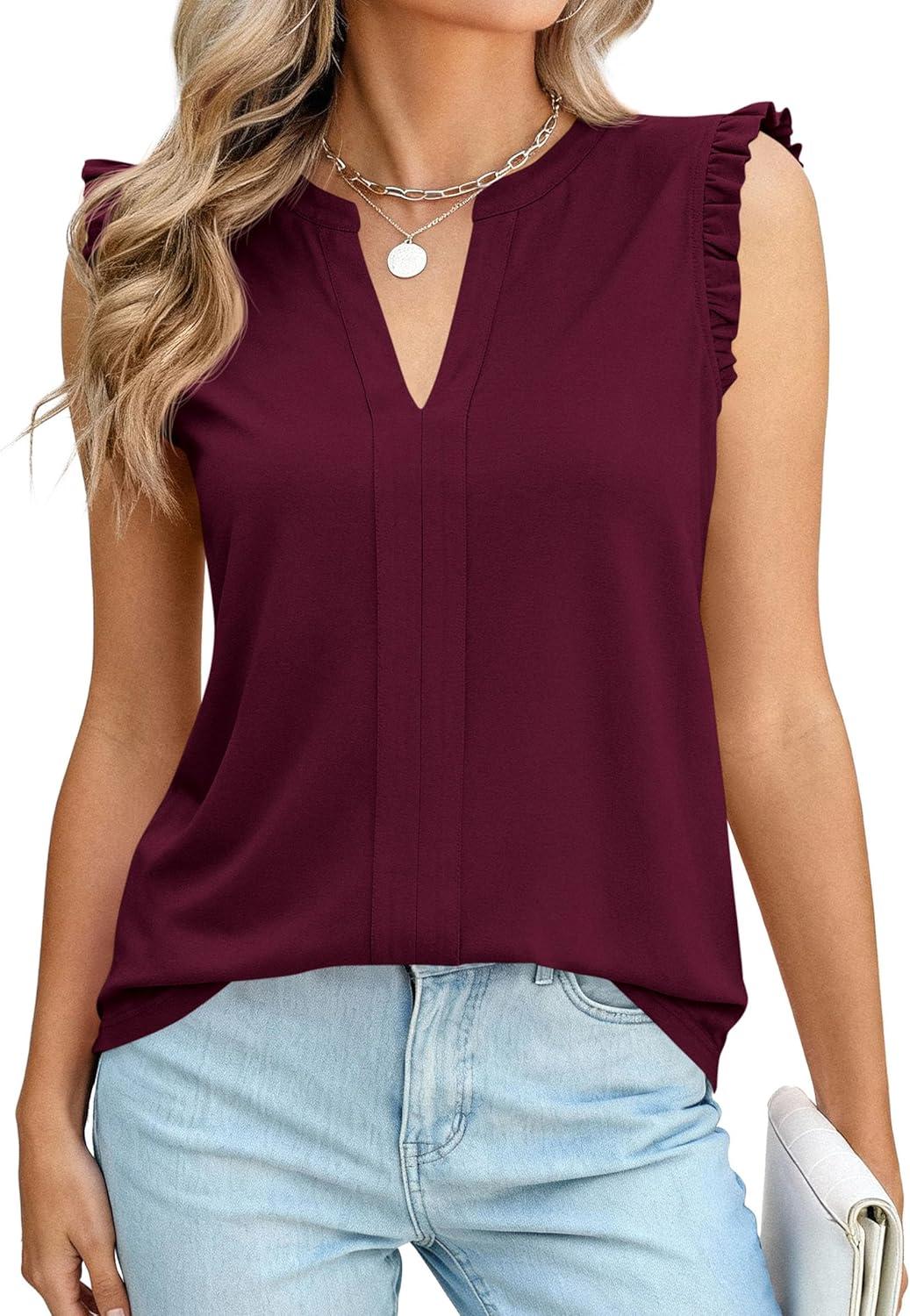 imagePRETTYGARDEN Sleeveless Tops for Women 2026 Summer Dressy V Neck Ruffle Blouses Spring Work Office Shirts Going Out TopsBurgundy