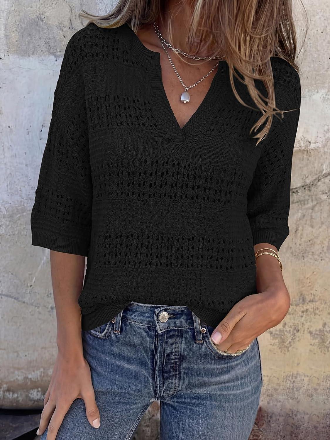 imagePRETTYGARDEN Womens Crochet Tops Casual Cotton Hollow Out Knit Short Sleeve Oversized Sweater for Women Summer Beach Cover UpBlack