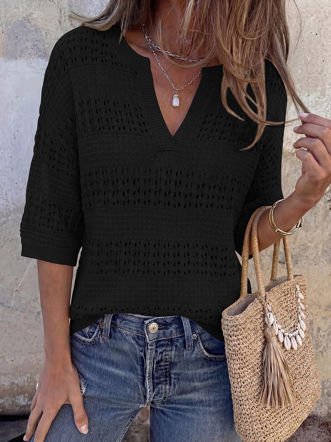 imagePRETTYGARDEN Womens Crochet Tops Casual Cotton Hollow Out Knit Short Sleeve Oversized Sweater for Women Summer Beach Cover UpBlack