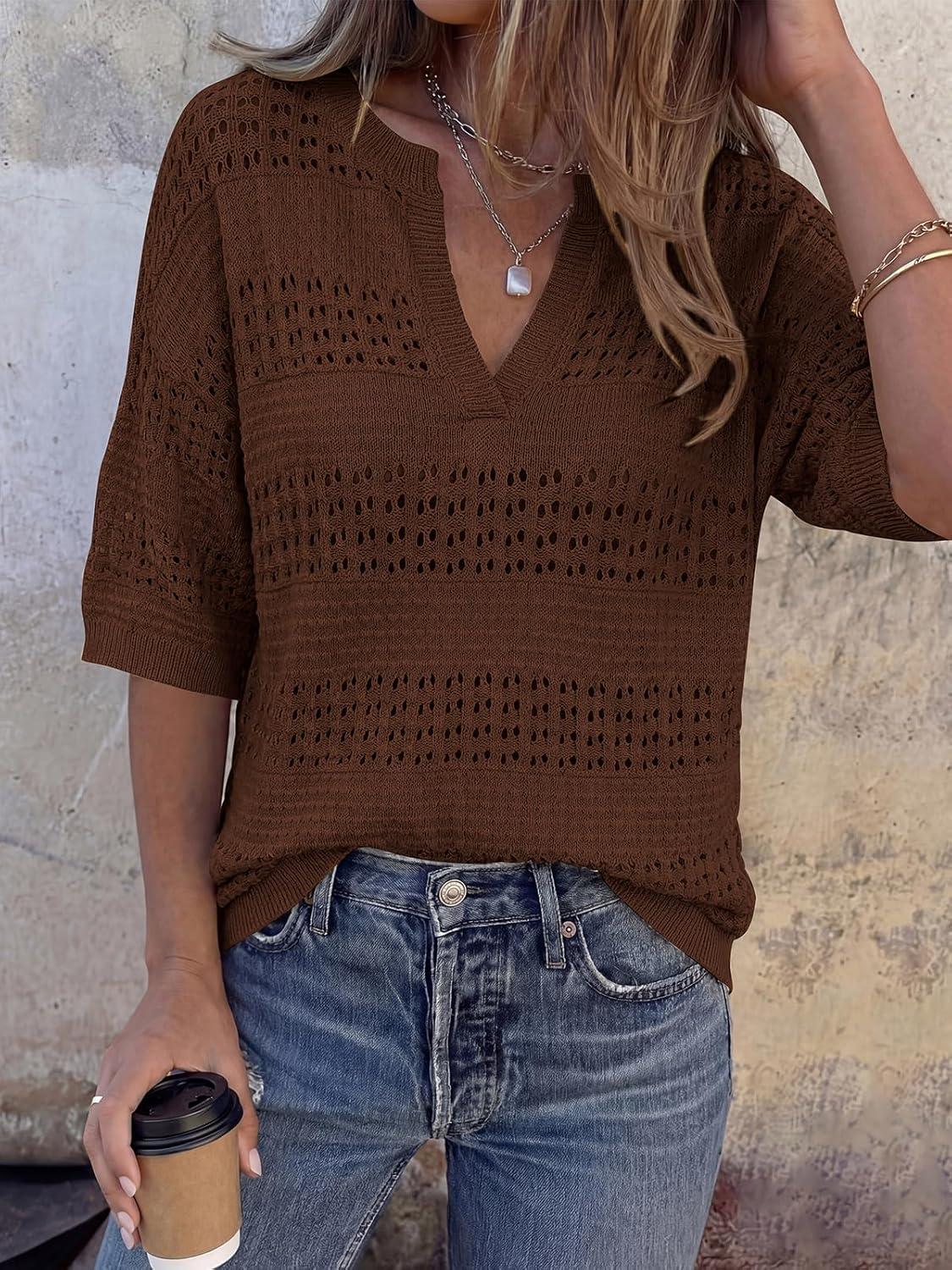 imagePRETTYGARDEN Womens Crochet Tops Casual Cotton Hollow Out Knit Short Sleeve Oversized Sweater for Women Summer Beach Cover UpBrown