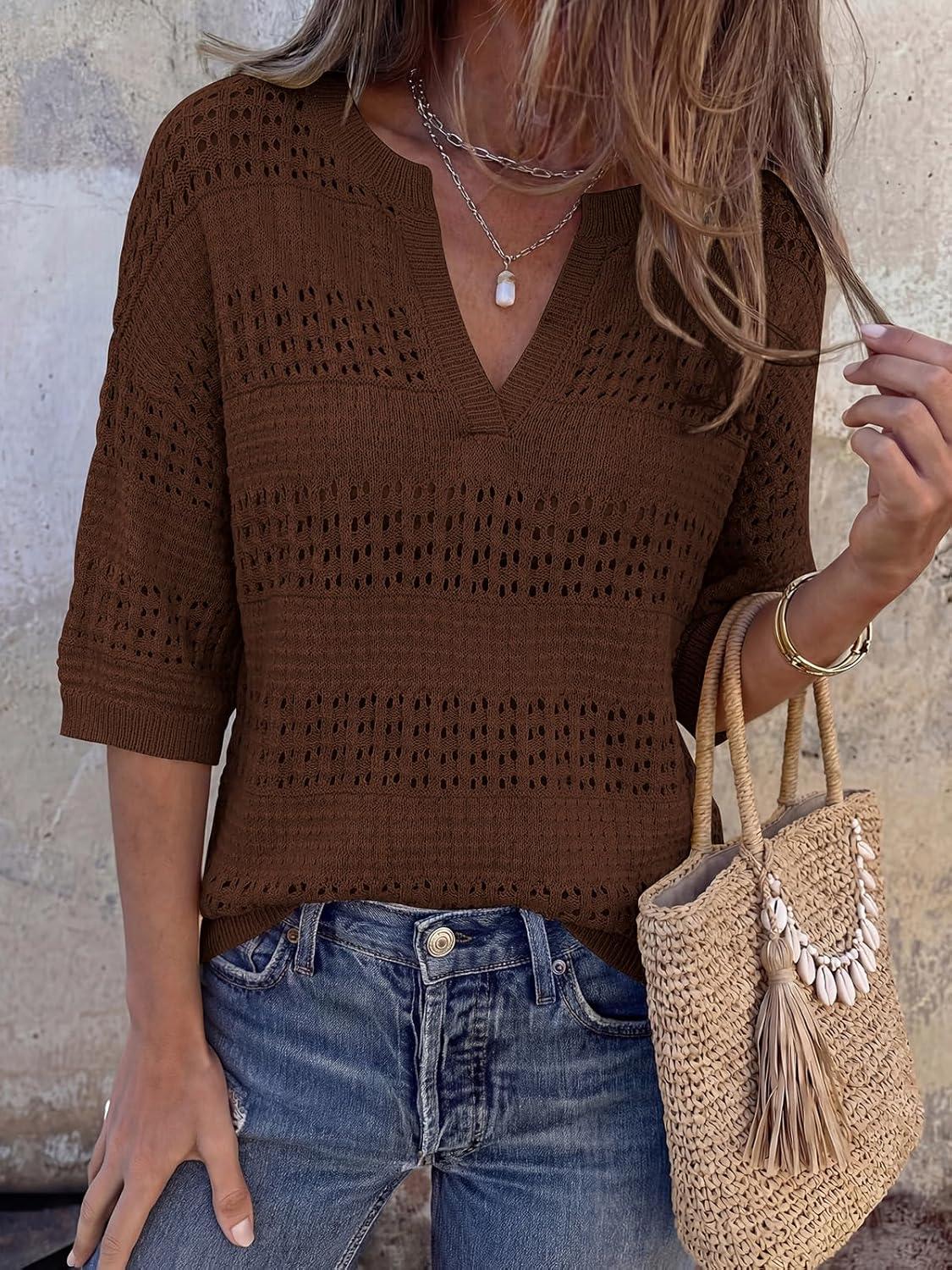 imagePRETTYGARDEN Womens Crochet Tops Casual Cotton Hollow Out Knit Short Sleeve Oversized Sweater for Women Summer Beach Cover UpBrown