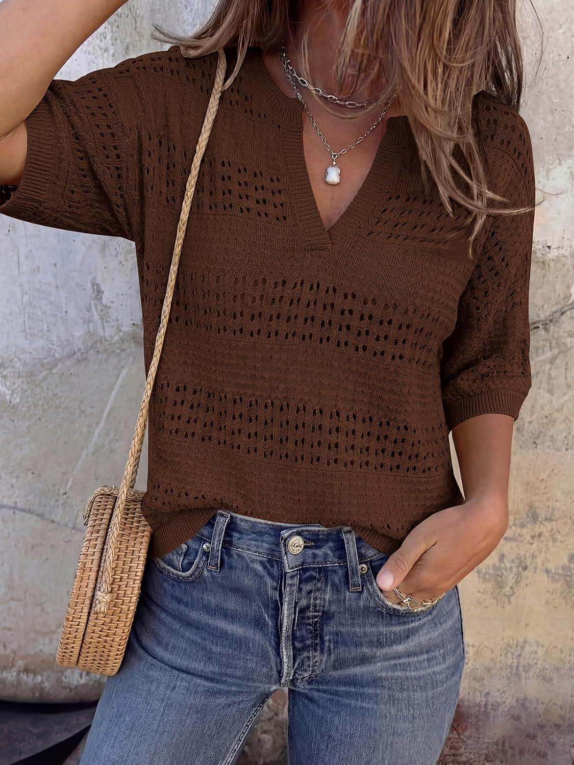 imagePRETTYGARDEN Womens Crochet Tops Casual Cotton Hollow Out Knit Short Sleeve Oversized Sweater for Women Summer Beach Cover UpBrown