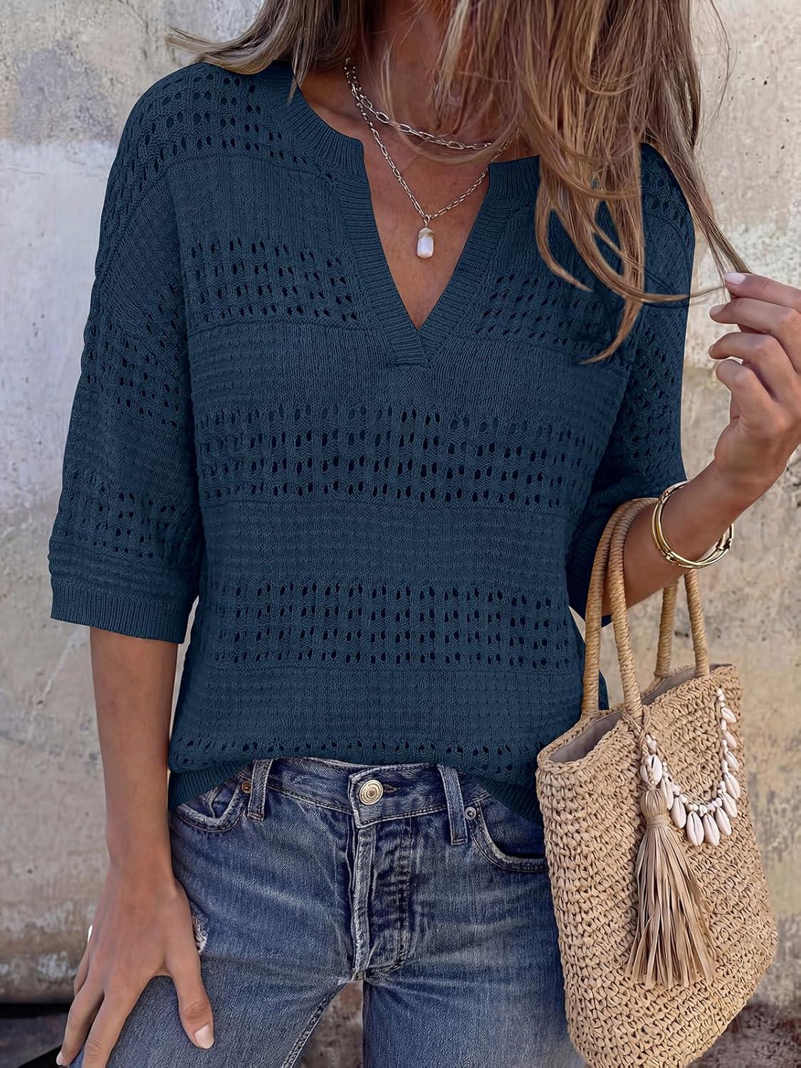 imagePRETTYGARDEN Womens Crochet Tops Casual Cotton Hollow Out Knit Short Sleeve Oversized Sweater for Women Summer Beach Cover UpDark Blue