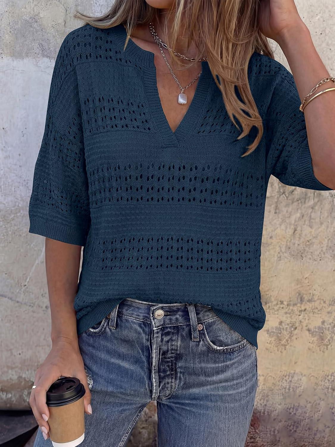 imagePRETTYGARDEN Womens Crochet Tops Casual Cotton Hollow Out Knit Short Sleeve Oversized Sweater for Women Summer Beach Cover UpDark Blue