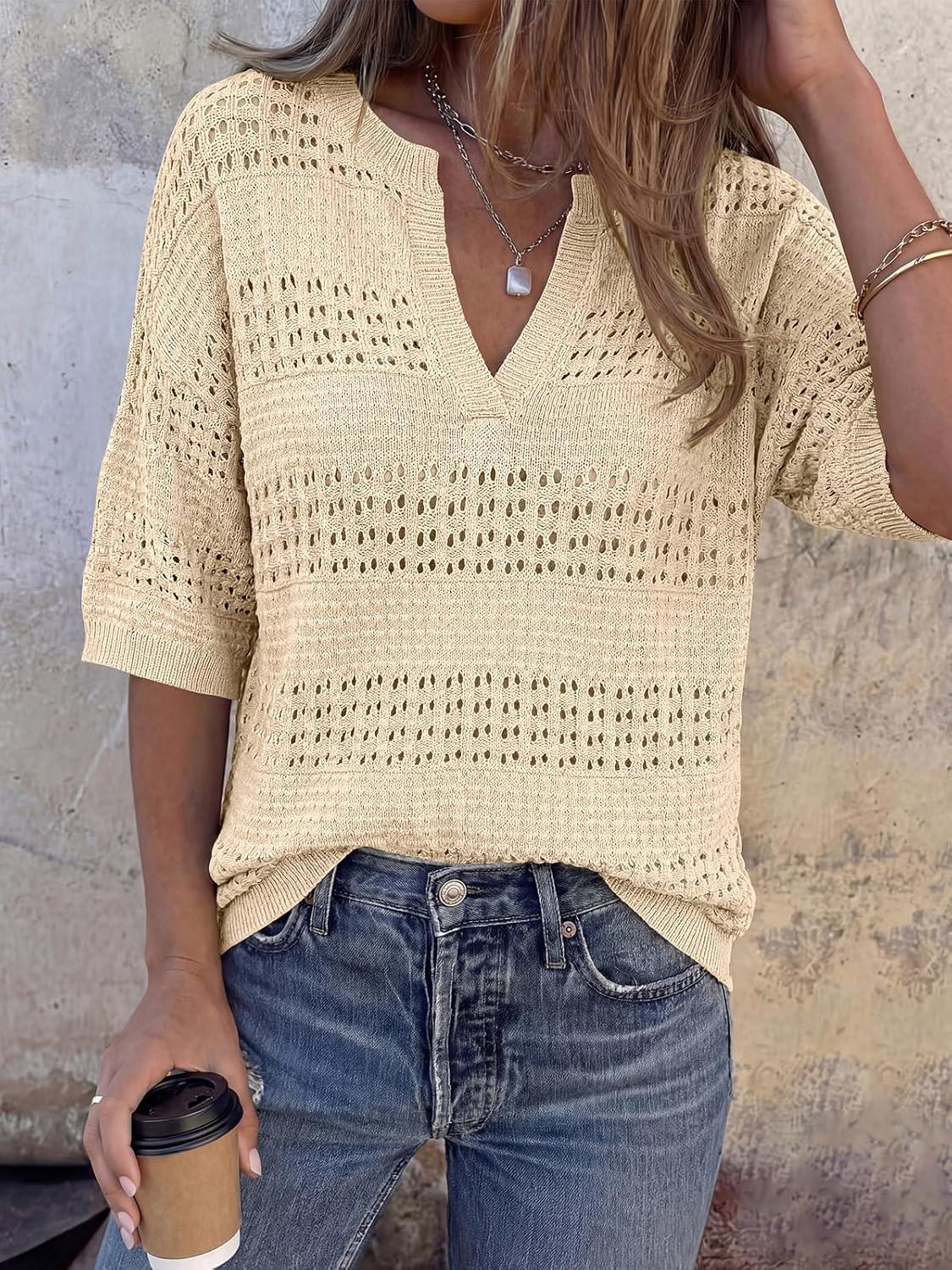imagePRETTYGARDEN Womens Crochet Tops Casual Cotton Hollow Out Knit Short Sleeve Oversized Sweater for Women Summer Beach Cover UpLight Khaki