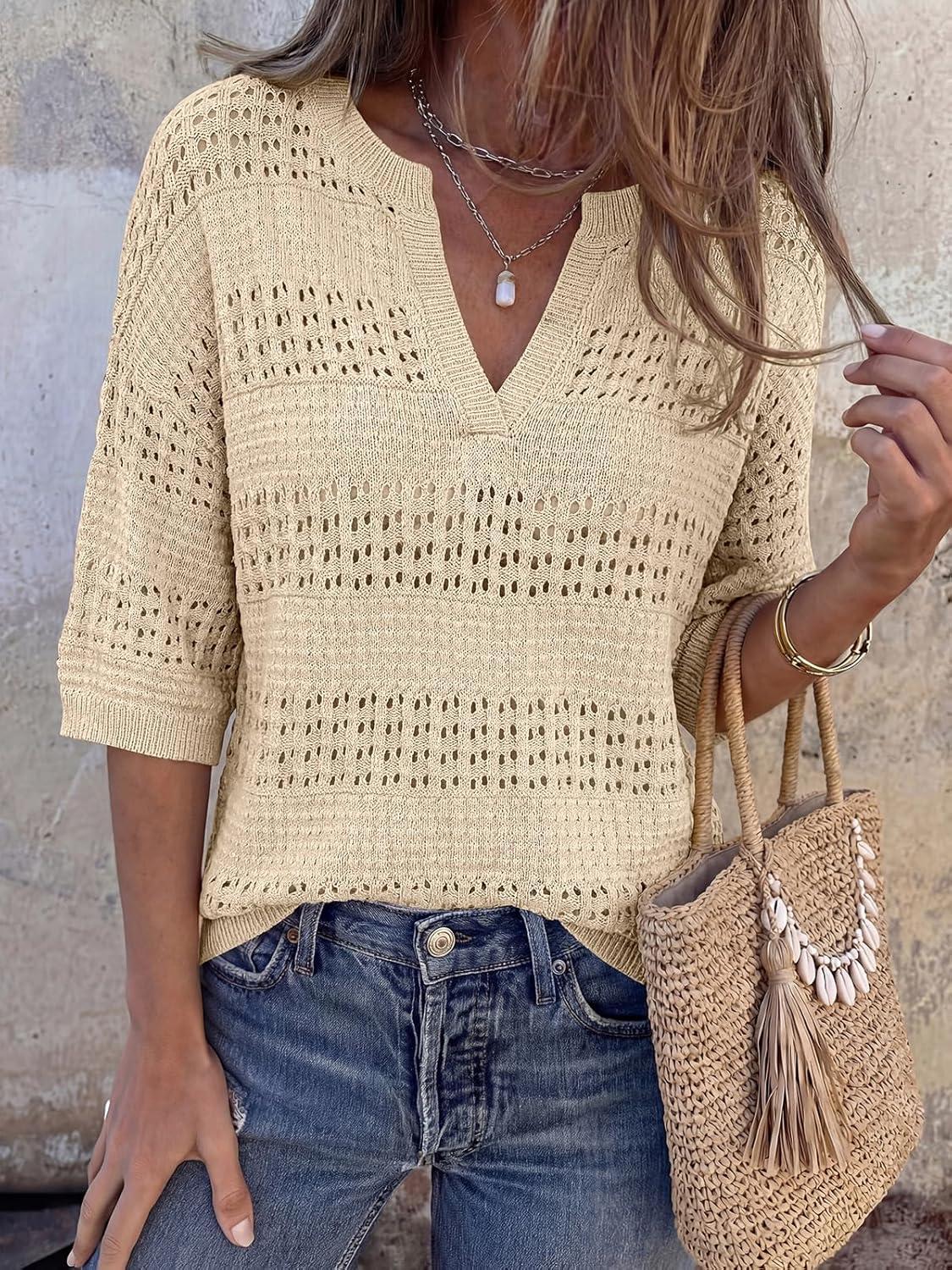 imagePRETTYGARDEN Womens Crochet Tops Casual Cotton Hollow Out Knit Short Sleeve Oversized Sweater for Women Summer Beach Cover UpLight Khaki