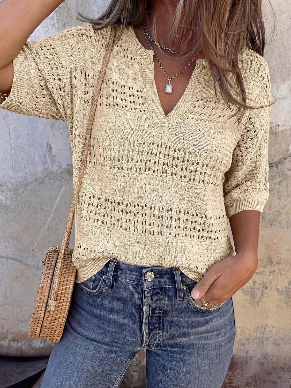 imagePRETTYGARDEN Womens Crochet Tops Casual Cotton Hollow Out Knit Short Sleeve Oversized Sweater for Women Summer Beach Cover UpLight Khaki