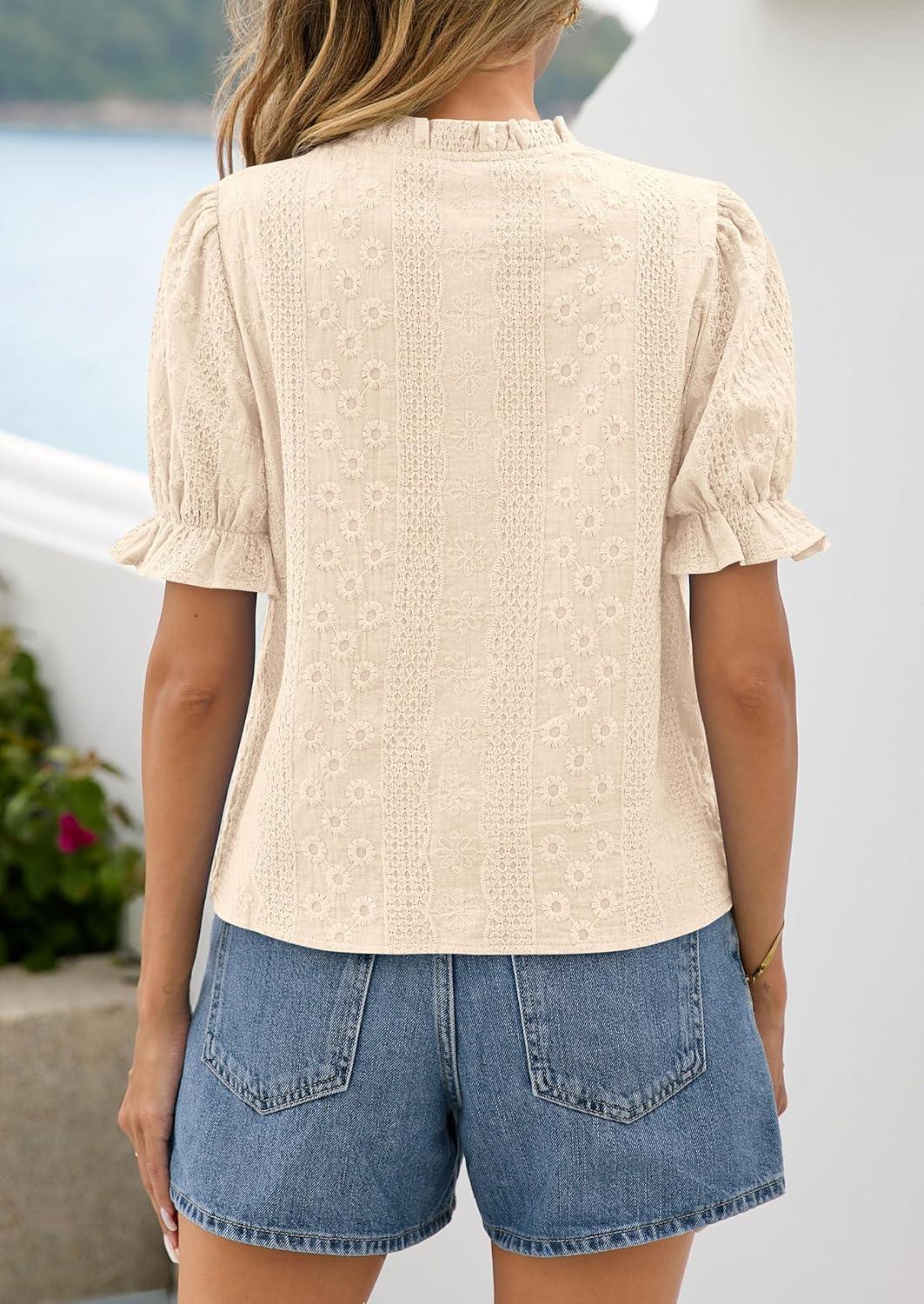 imagePRETTYGARDEN Womens Puff Short Sleeve Tops 2026 Summer Spring Button Down Boho Embroidered Cute Blouse Dressy Casual ShirtsApricot