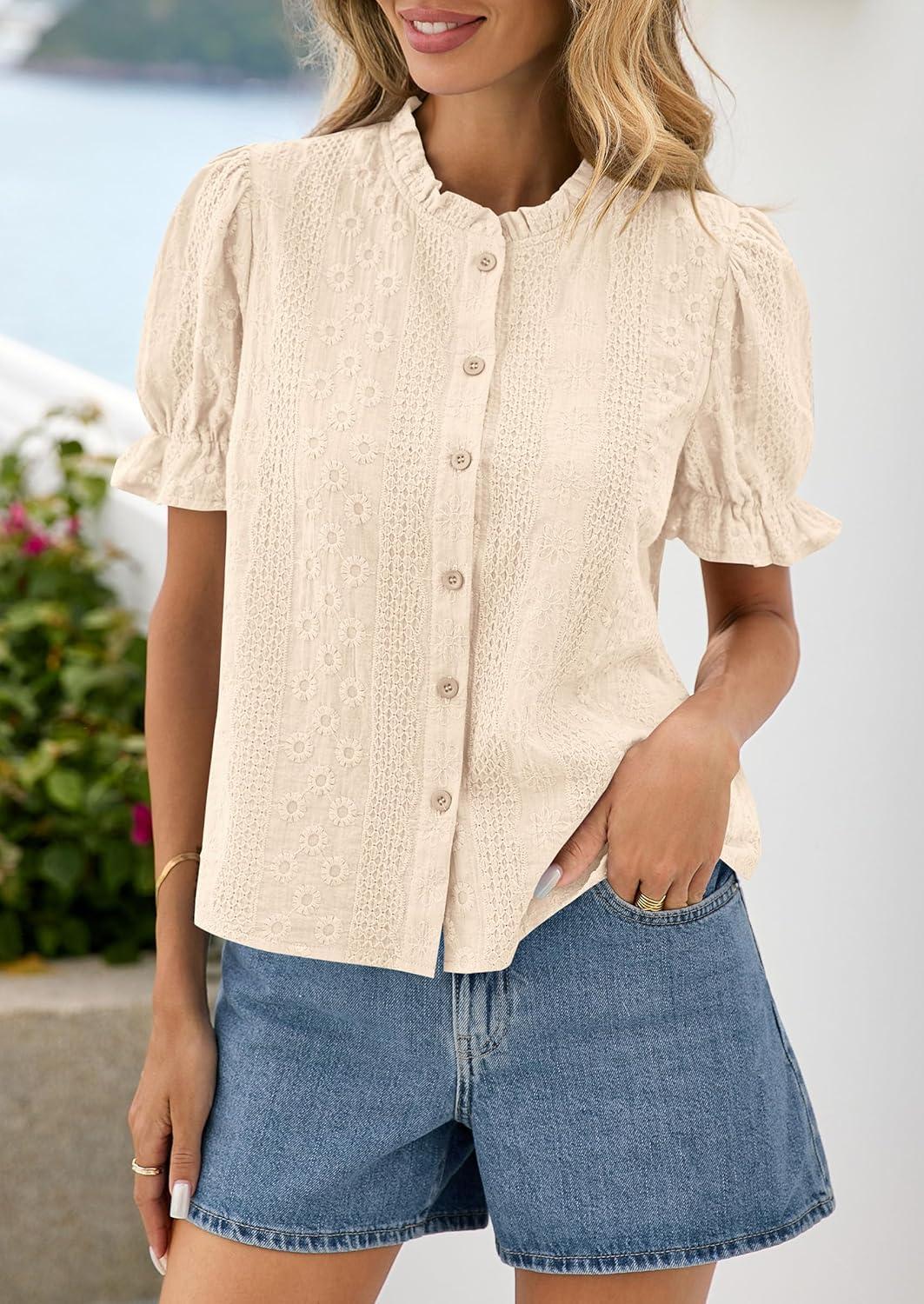 imagePRETTYGARDEN Womens Puff Short Sleeve Tops 2026 Summer Spring Button Down Boho Embroidered Cute Blouse Dressy Casual ShirtsApricot