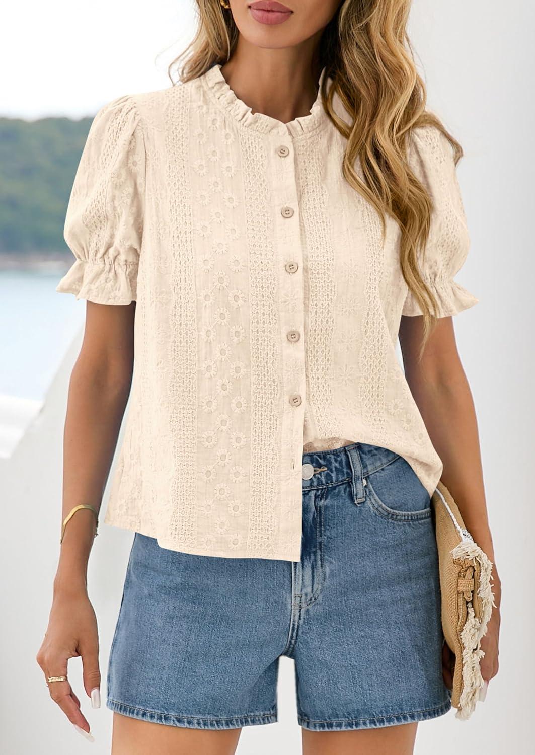 imagePRETTYGARDEN Womens Puff Short Sleeve Tops 2026 Summer Spring Button Down Boho Embroidered Cute Blouse Dressy Casual ShirtsApricot