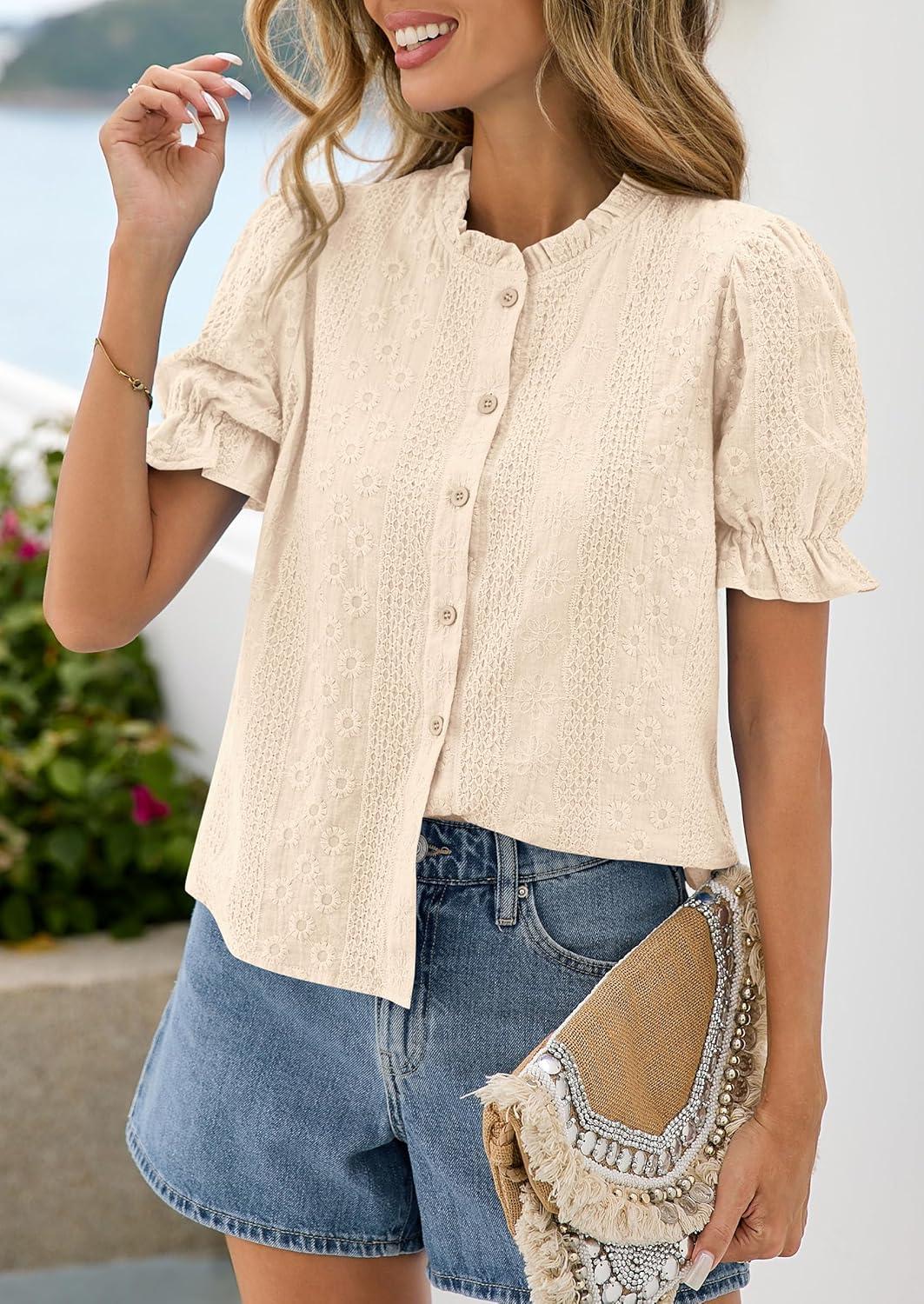 imagePRETTYGARDEN Womens Puff Short Sleeve Tops 2026 Summer Spring Button Down Boho Embroidered Cute Blouse Dressy Casual ShirtsApricot