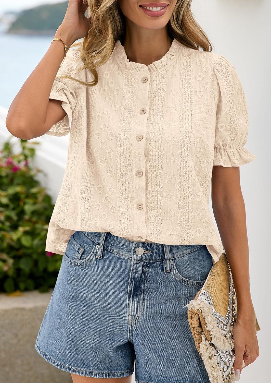imagePRETTYGARDEN Womens Puff Short Sleeve Tops 2026 Summer Spring Button Down Boho Embroidered Cute Blouse Dressy Casual ShirtsApricot
