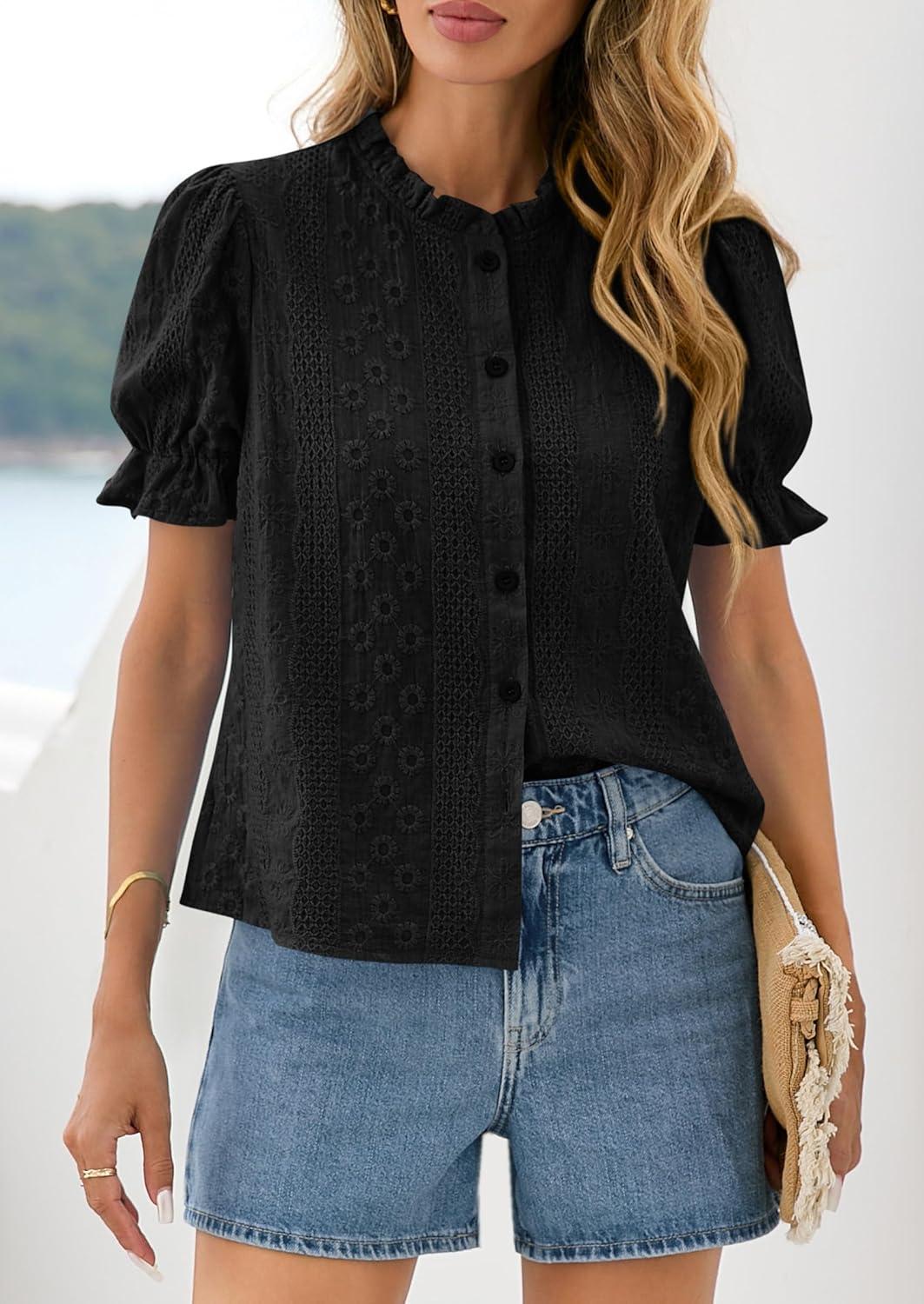 imagePRETTYGARDEN Womens Puff Short Sleeve Tops 2026 Summer Spring Button Down Boho Embroidered Cute Blouse Dressy Casual ShirtsBlack