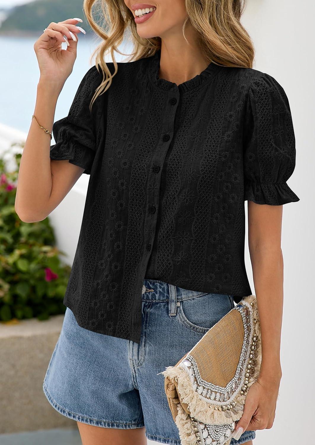 imagePRETTYGARDEN Womens Puff Short Sleeve Tops 2026 Summer Spring Button Down Boho Embroidered Cute Blouse Dressy Casual ShirtsBlack