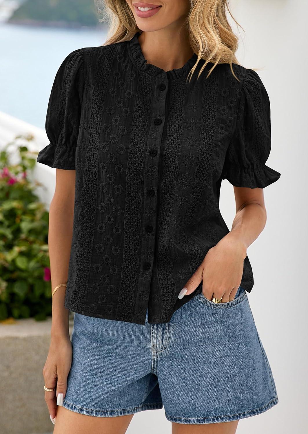 imagePRETTYGARDEN Womens Puff Short Sleeve Tops 2026 Summer Spring Button Down Boho Embroidered Cute Blouse Dressy Casual ShirtsBlack