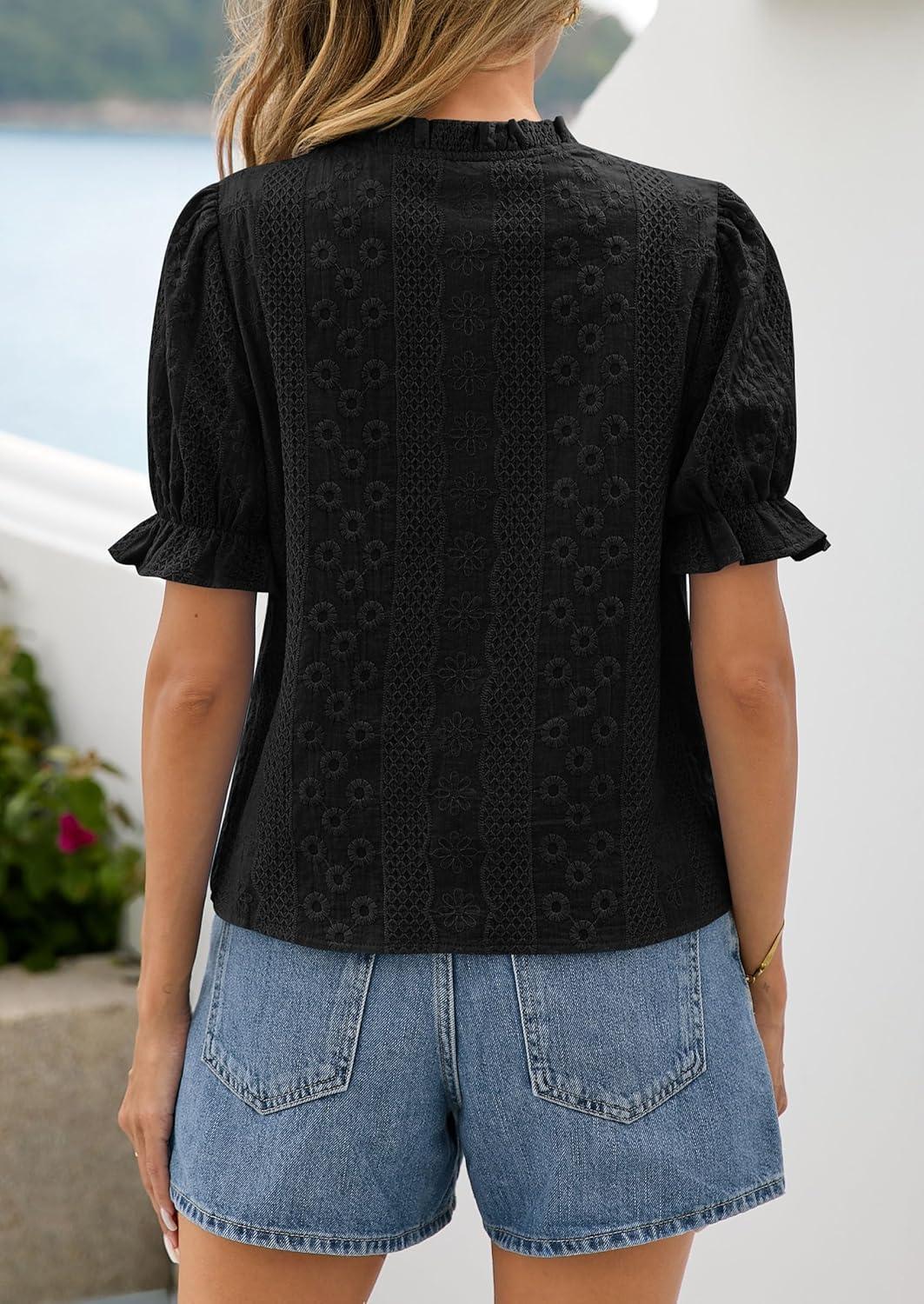 imagePRETTYGARDEN Womens Puff Short Sleeve Tops 2026 Summer Spring Button Down Boho Embroidered Cute Blouse Dressy Casual ShirtsBlack
