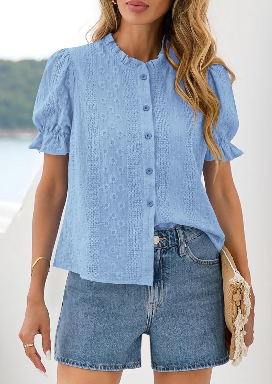 imagePRETTYGARDEN Womens Puff Short Sleeve Tops 2026 Summer Spring Button Down Boho Embroidered Cute Blouse Dressy Casual ShirtsLight Blue