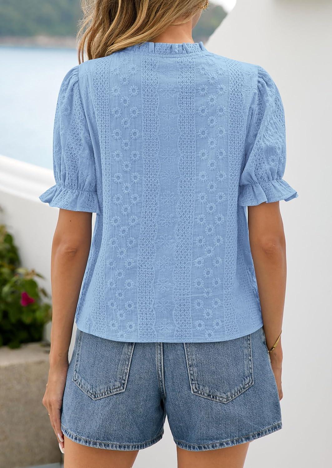 imagePRETTYGARDEN Womens Puff Short Sleeve Tops 2026 Summer Spring Button Down Boho Embroidered Cute Blouse Dressy Casual ShirtsLight Blue