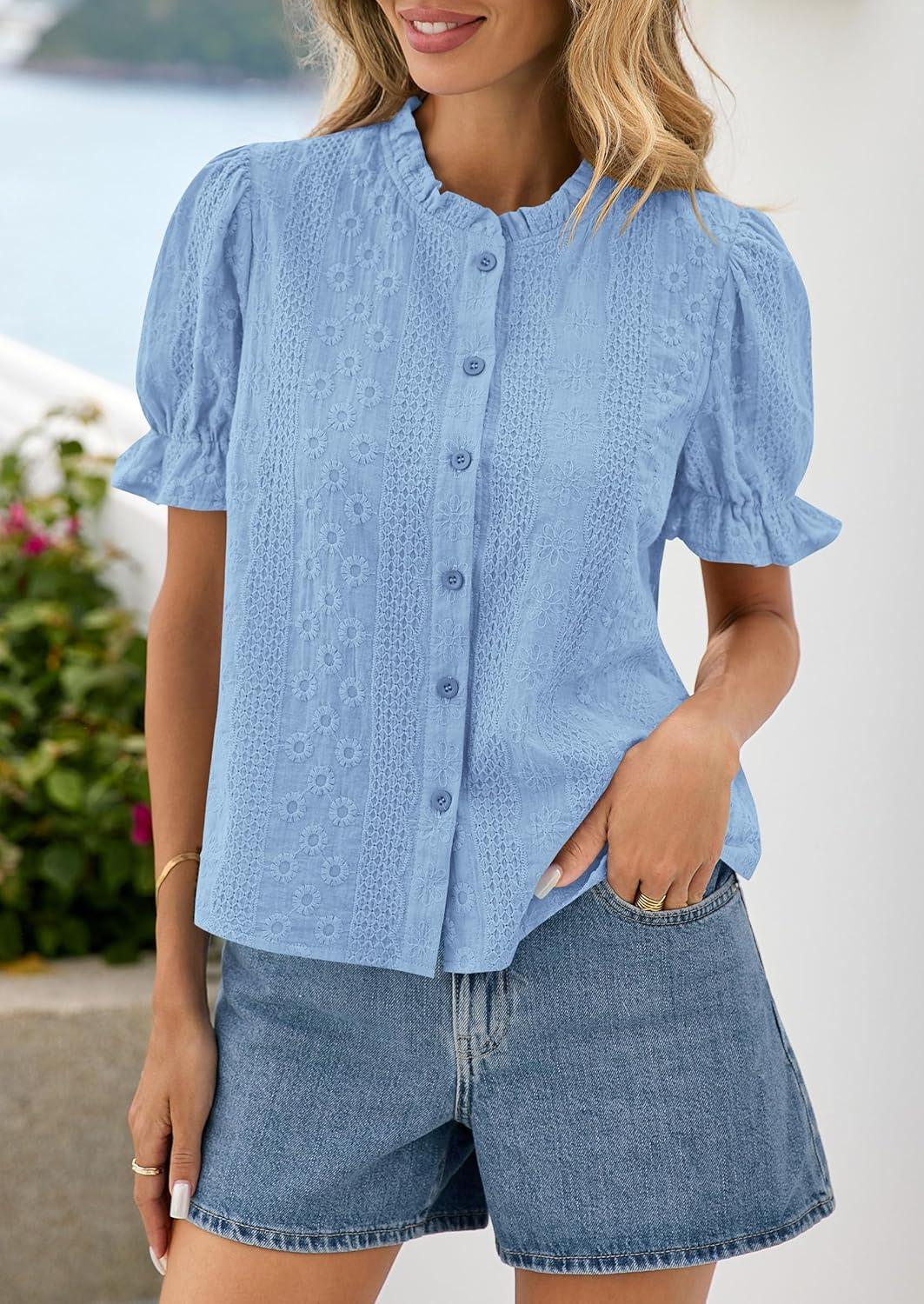 imagePRETTYGARDEN Womens Puff Short Sleeve Tops 2026 Summer Spring Button Down Boho Embroidered Cute Blouse Dressy Casual ShirtsLight Blue