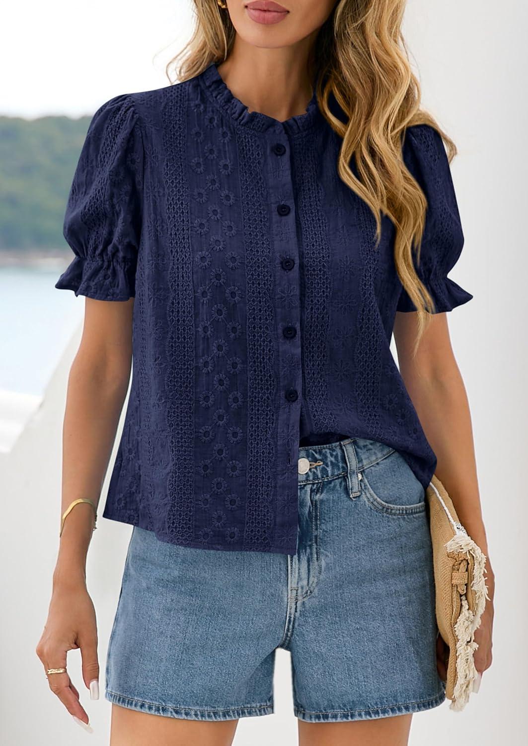 imagePRETTYGARDEN Womens Puff Short Sleeve Tops 2026 Summer Spring Button Down Boho Embroidered Cute Blouse Dressy Casual ShirtsNavy