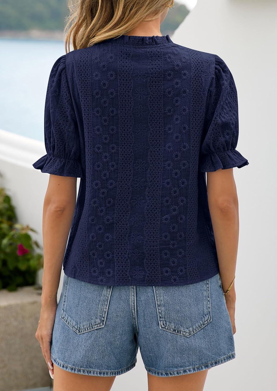 imagePRETTYGARDEN Womens Puff Short Sleeve Tops 2026 Summer Spring Button Down Boho Embroidered Cute Blouse Dressy Casual ShirtsNavy