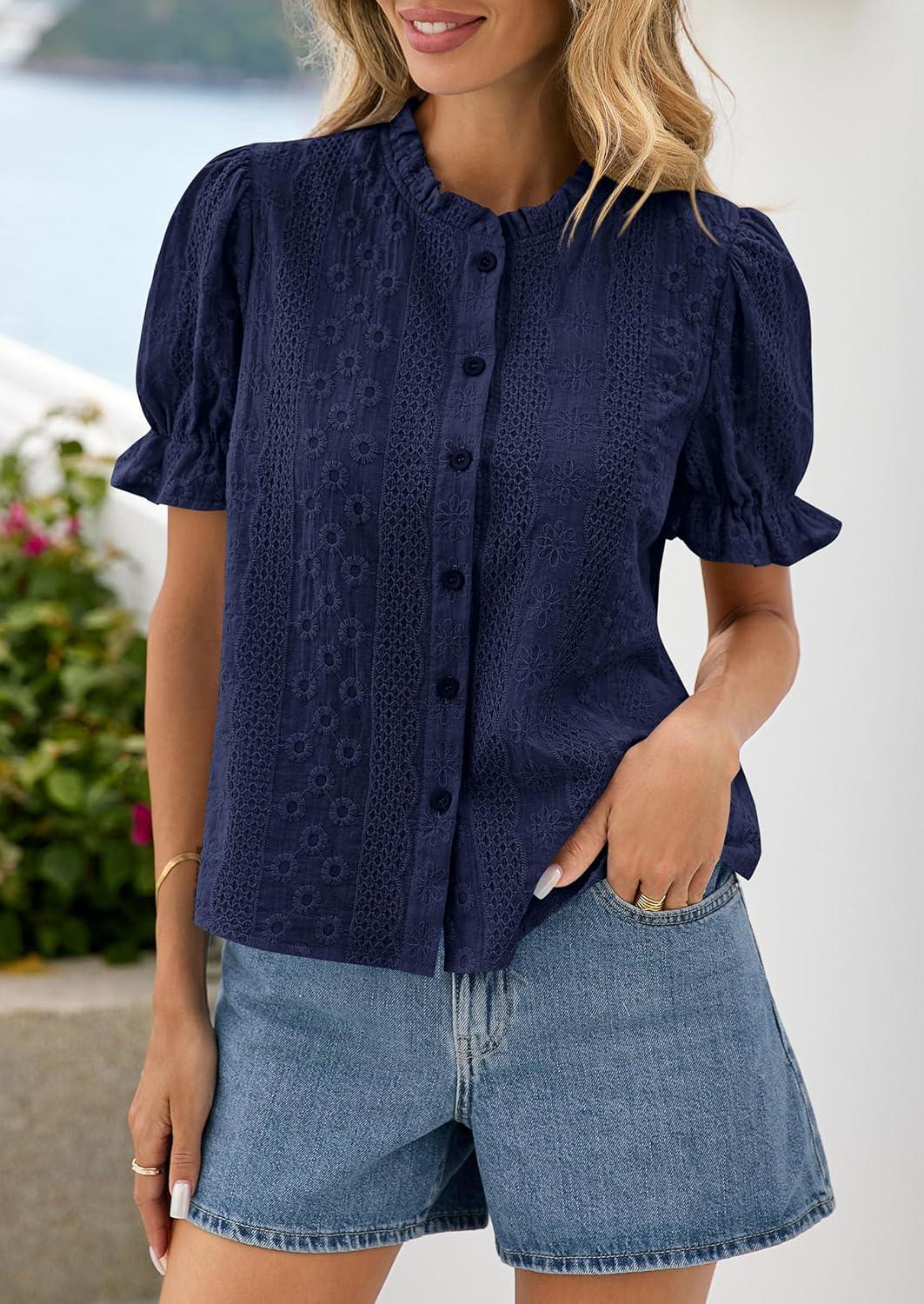 imagePRETTYGARDEN Womens Puff Short Sleeve Tops 2026 Summer Spring Button Down Boho Embroidered Cute Blouse Dressy Casual ShirtsNavy