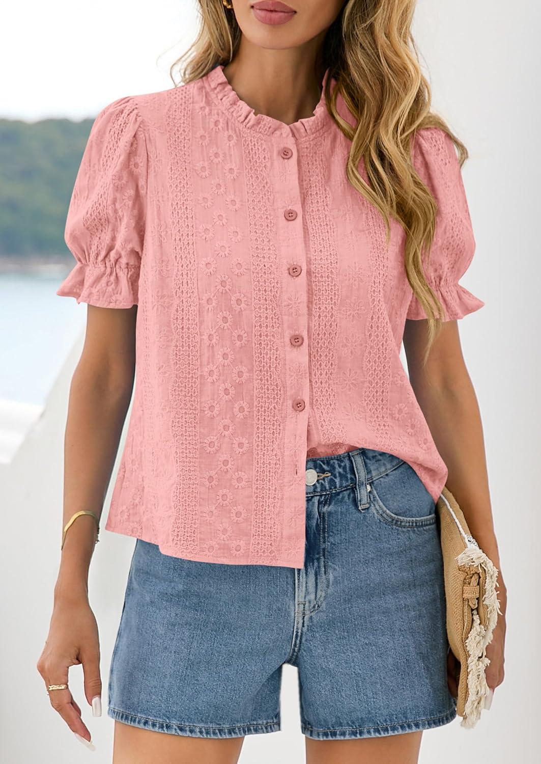 imagePRETTYGARDEN Womens Puff Short Sleeve Tops 2026 Summer Spring Button Down Boho Embroidered Cute Blouse Dressy Casual ShirtsPink