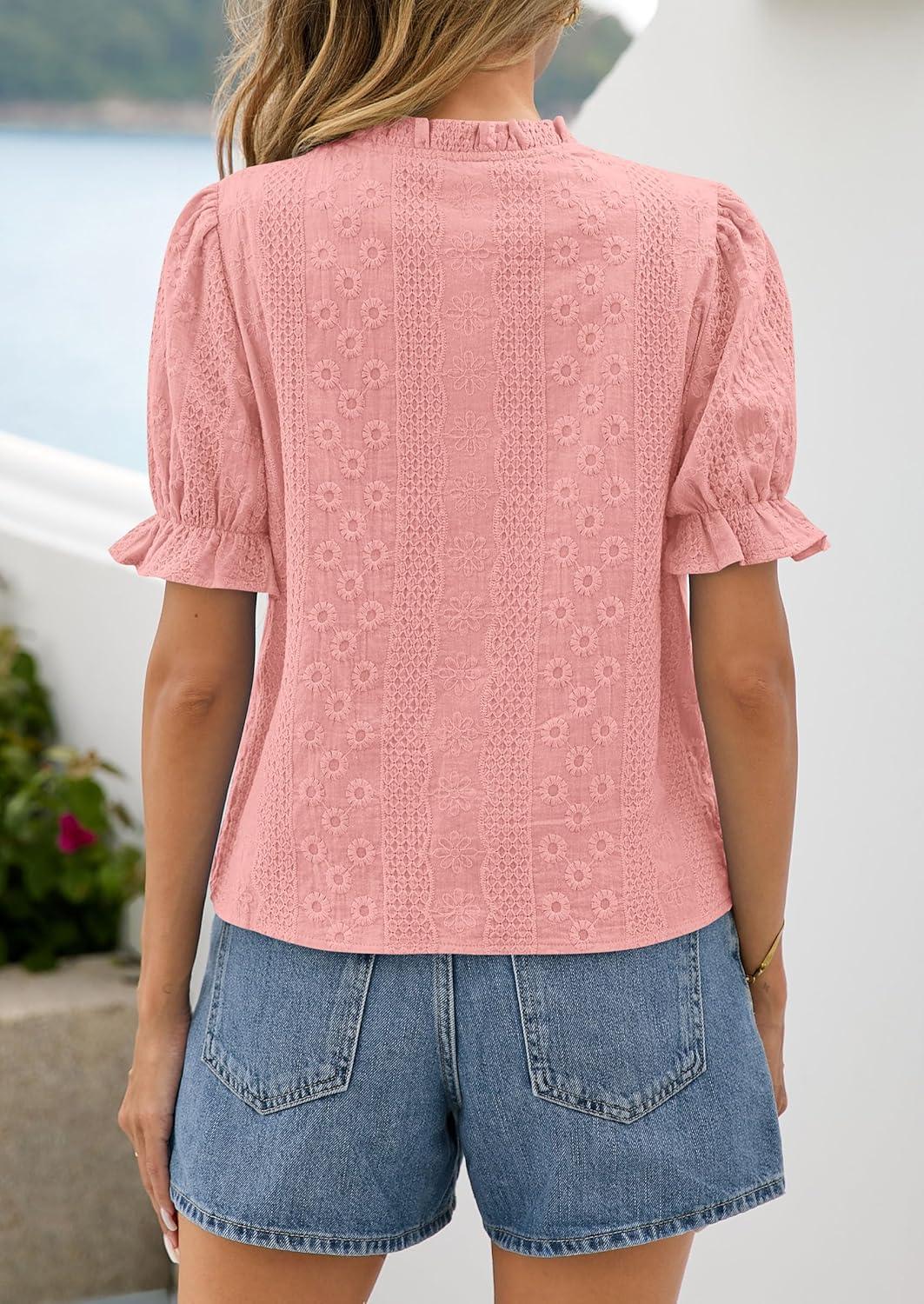 imagePRETTYGARDEN Womens Puff Short Sleeve Tops 2026 Summer Spring Button Down Boho Embroidered Cute Blouse Dressy Casual ShirtsPink