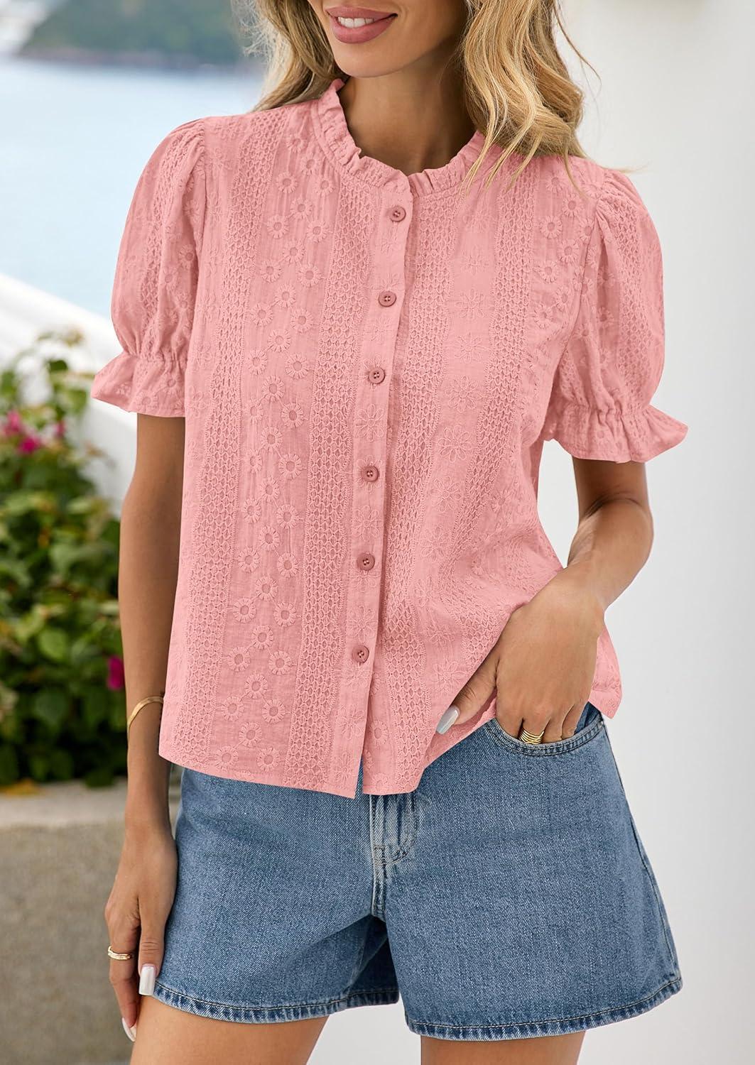 imagePRETTYGARDEN Womens Puff Short Sleeve Tops 2026 Summer Spring Button Down Boho Embroidered Cute Blouse Dressy Casual ShirtsPink