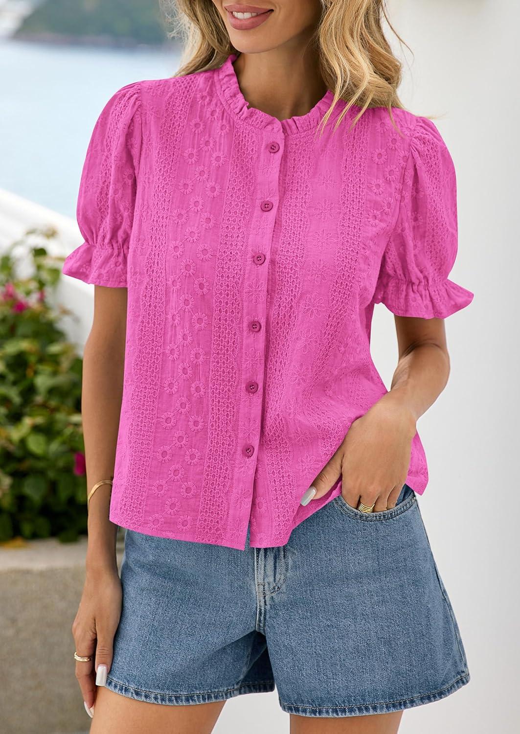 imagePRETTYGARDEN Womens Puff Short Sleeve Tops 2026 Summer Spring Button Down Boho Embroidered Cute Blouse Dressy Casual ShirtsRose Red