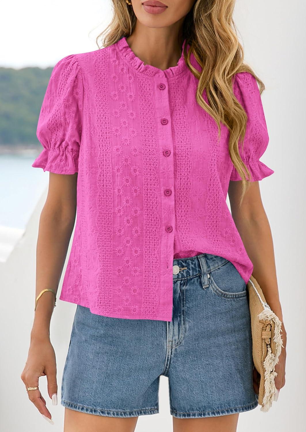 imagePRETTYGARDEN Womens Puff Short Sleeve Tops 2026 Summer Spring Button Down Boho Embroidered Cute Blouse Dressy Casual ShirtsRose Red