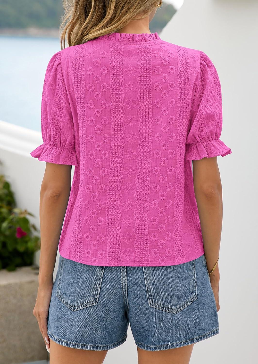 imagePRETTYGARDEN Womens Puff Short Sleeve Tops 2026 Summer Spring Button Down Boho Embroidered Cute Blouse Dressy Casual ShirtsRose Red