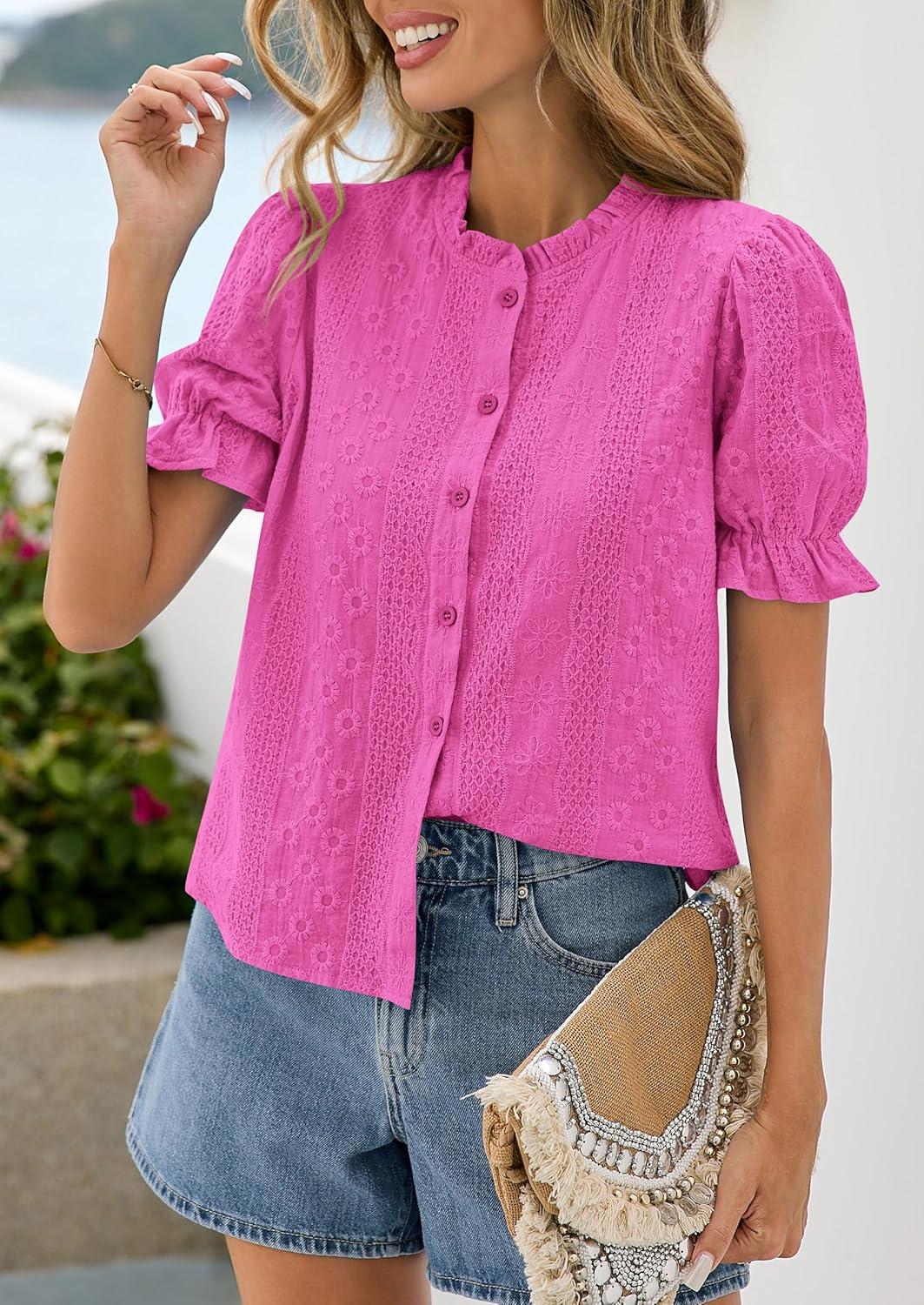 imagePRETTYGARDEN Womens Puff Short Sleeve Tops 2026 Summer Spring Button Down Boho Embroidered Cute Blouse Dressy Casual ShirtsRose Red