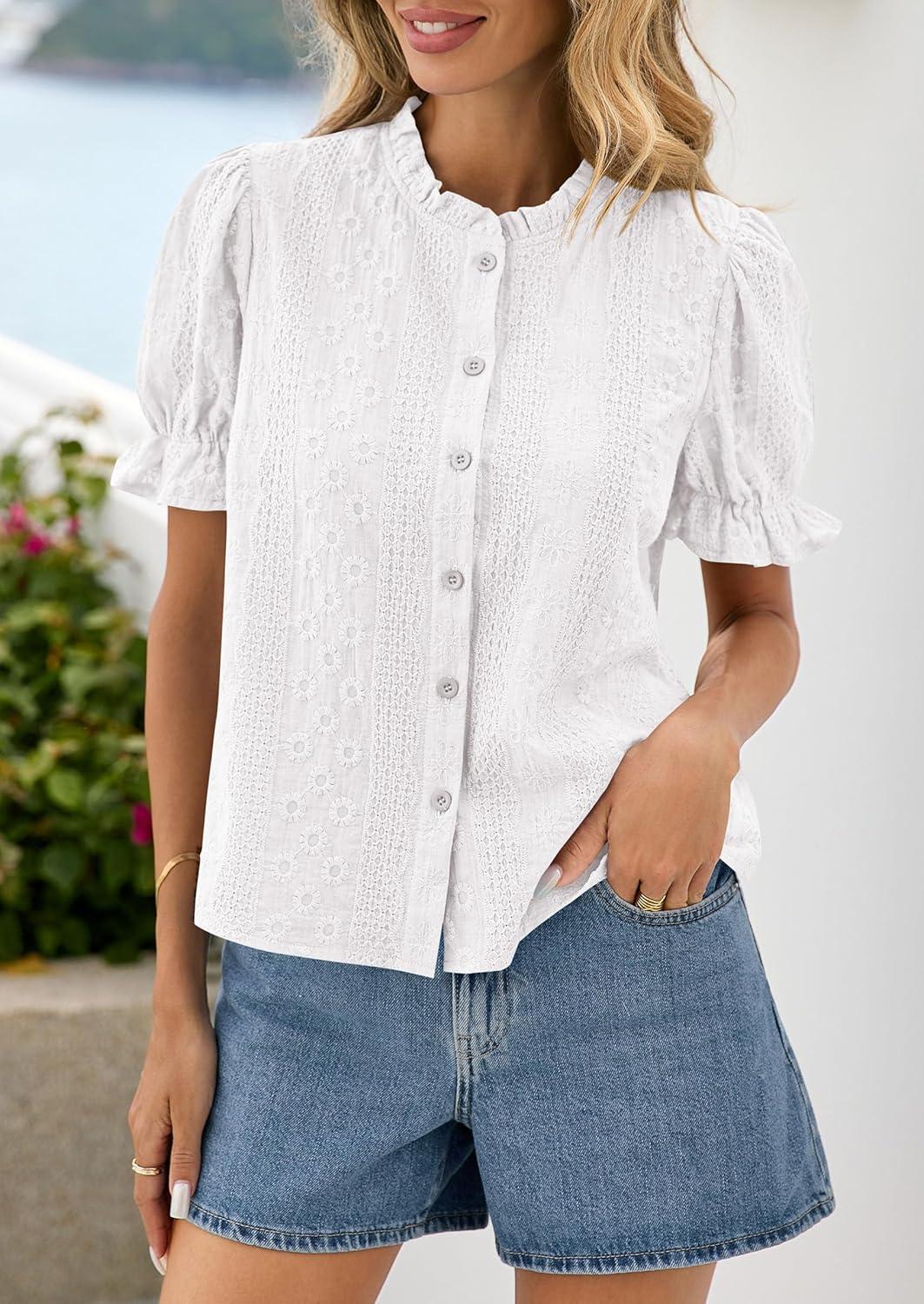 imagePRETTYGARDEN Womens Puff Short Sleeve Tops 2026 Summer Spring Button Down Boho Embroidered Cute Blouse Dressy Casual ShirtsWhite
