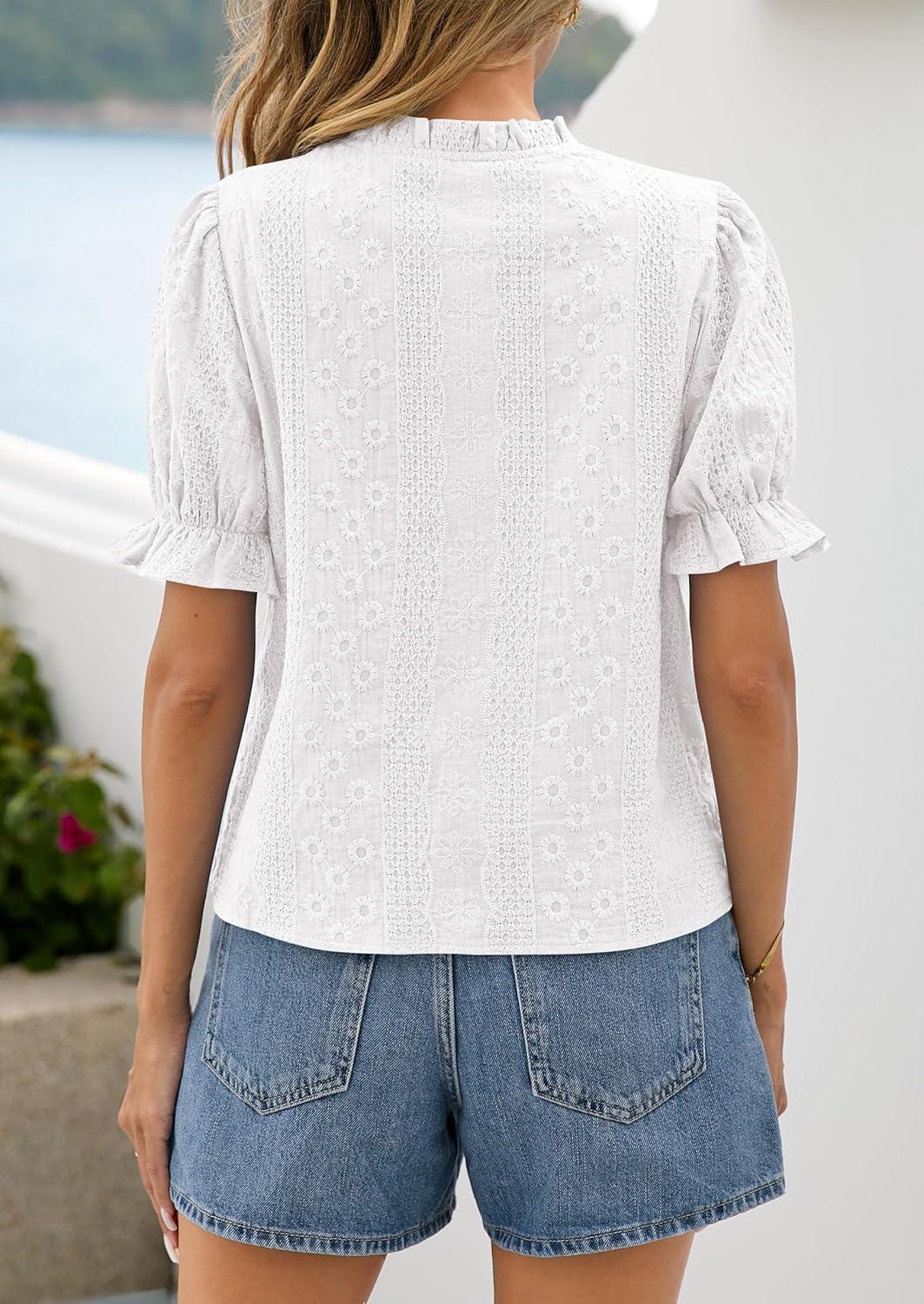 imagePRETTYGARDEN Womens Puff Short Sleeve Tops 2026 Summer Spring Button Down Boho Embroidered Cute Blouse Dressy Casual ShirtsWhite
