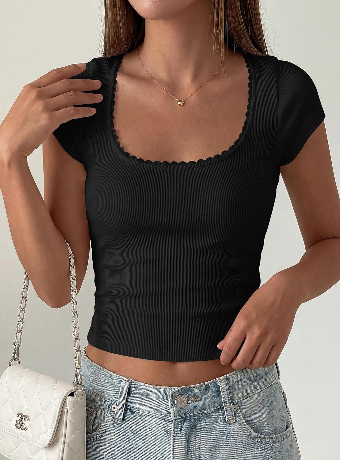 imagePRETTYGARDEN Womens Short Sleeve Tops 2026 Summer Lace Trim Square Neck Slim Fitted Going Out Basic Tee Shirts Y2K ClothesBlack