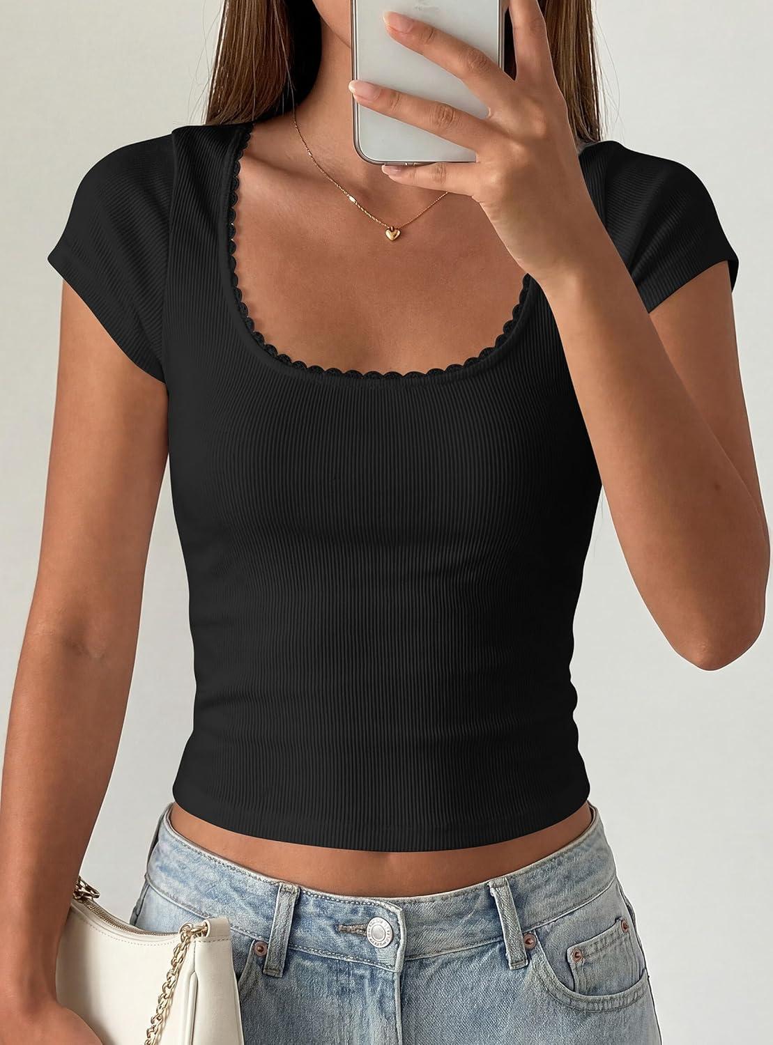 imagePRETTYGARDEN Womens Short Sleeve Tops 2026 Summer Lace Trim Square Neck Slim Fitted Going Out Basic Tee Shirts Y2K ClothesBlack