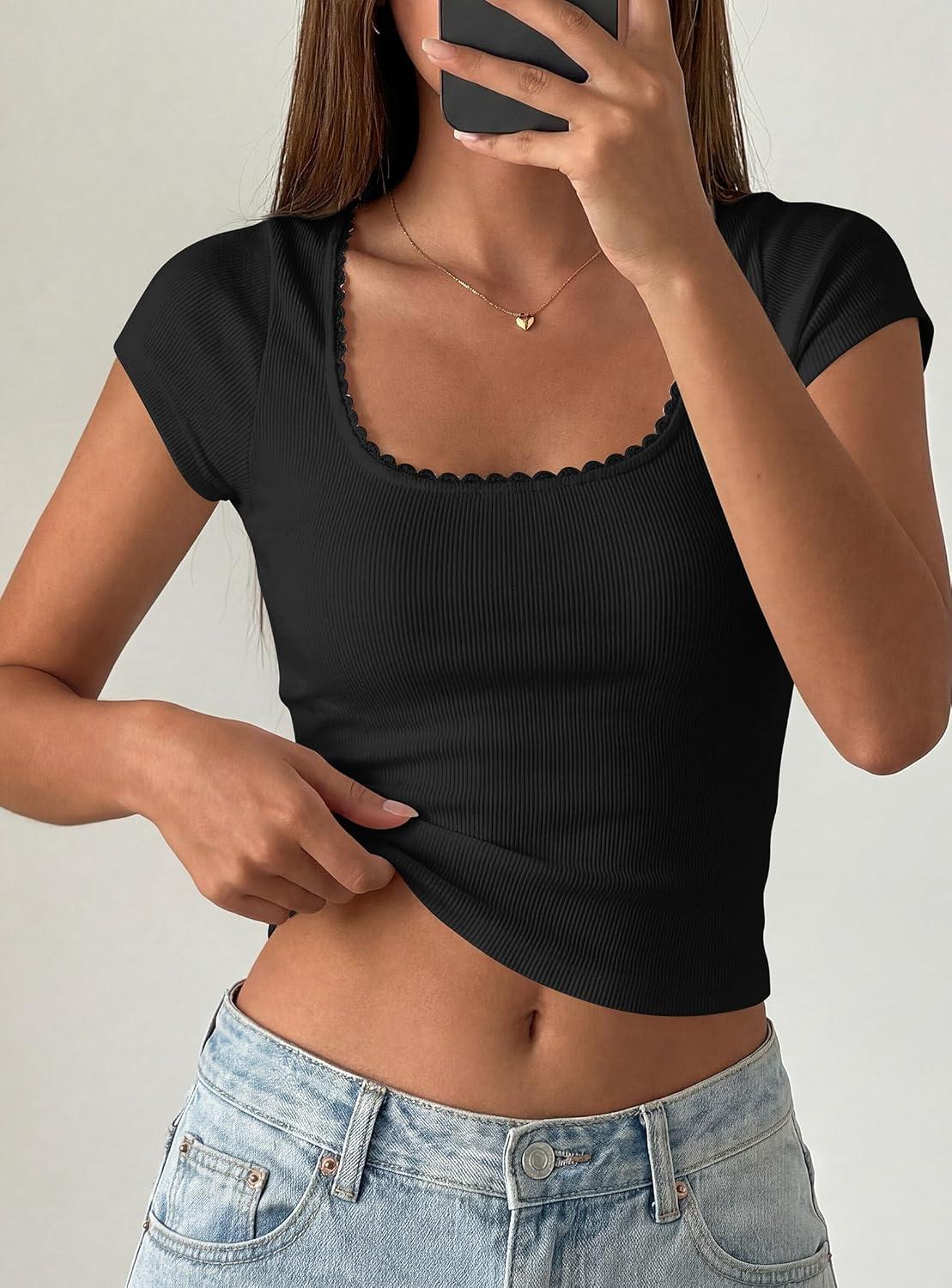 imagePRETTYGARDEN Womens Short Sleeve Tops 2026 Summer Lace Trim Square Neck Slim Fitted Going Out Basic Tee Shirts Y2K ClothesBlack