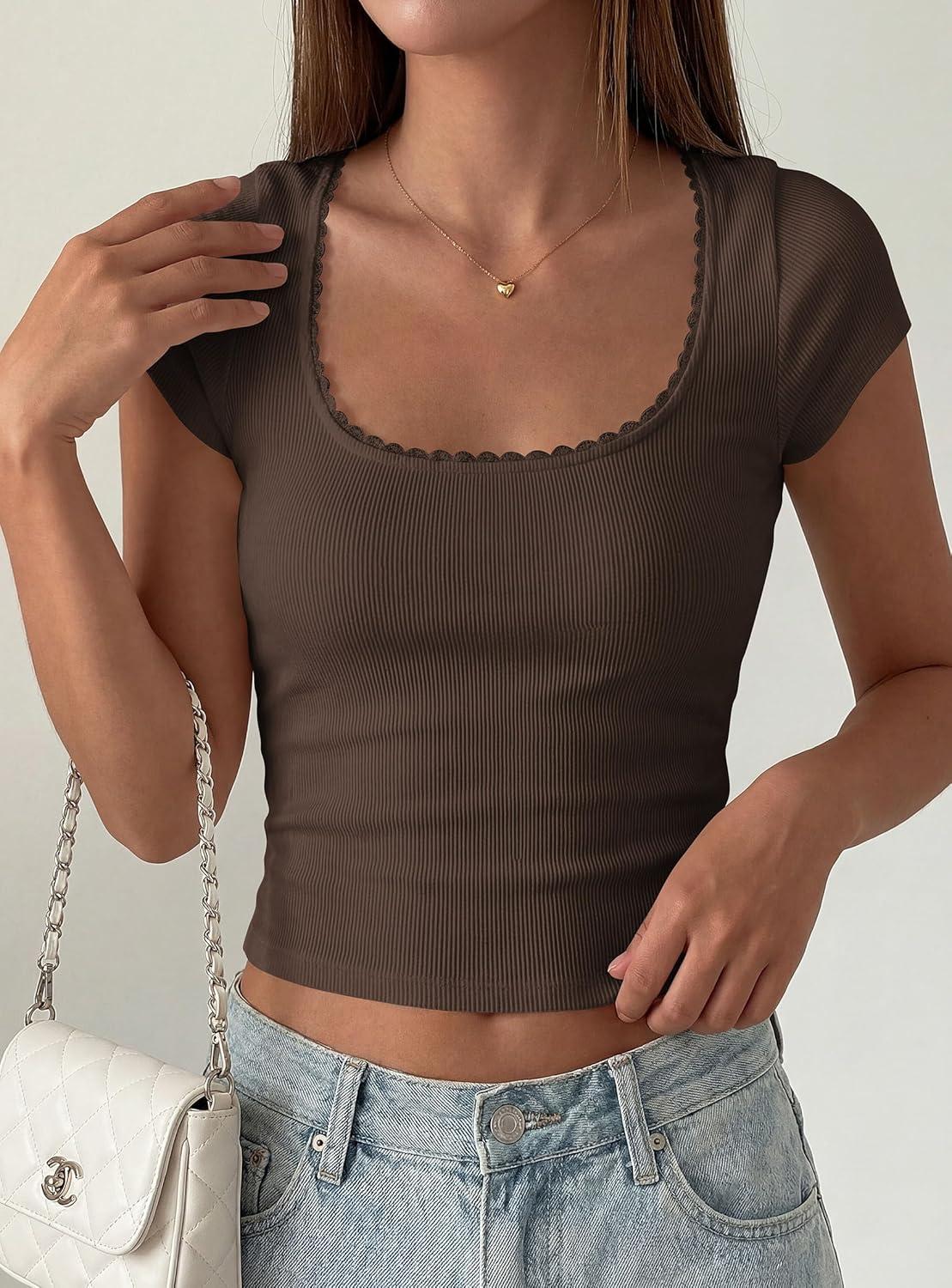 imagePRETTYGARDEN Womens Short Sleeve Tops 2026 Summer Lace Trim Square Neck Slim Fitted Going Out Basic Tee Shirts Y2K ClothesBrown