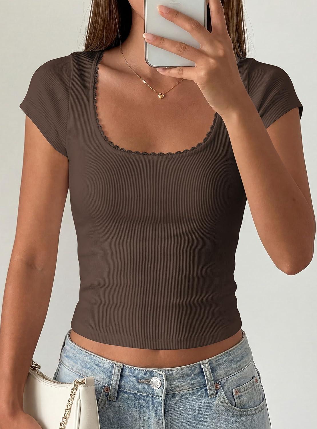 imagePRETTYGARDEN Womens Short Sleeve Tops 2026 Summer Lace Trim Square Neck Slim Fitted Going Out Basic Tee Shirts Y2K ClothesBrown