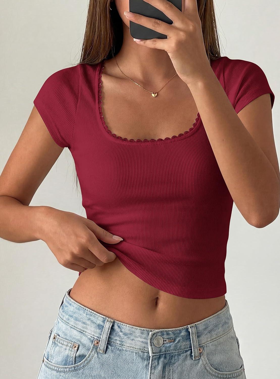 imagePRETTYGARDEN Womens Short Sleeve Tops 2026 Summer Lace Trim Square Neck Slim Fitted Going Out Basic Tee Shirts Y2K ClothesBurgundy