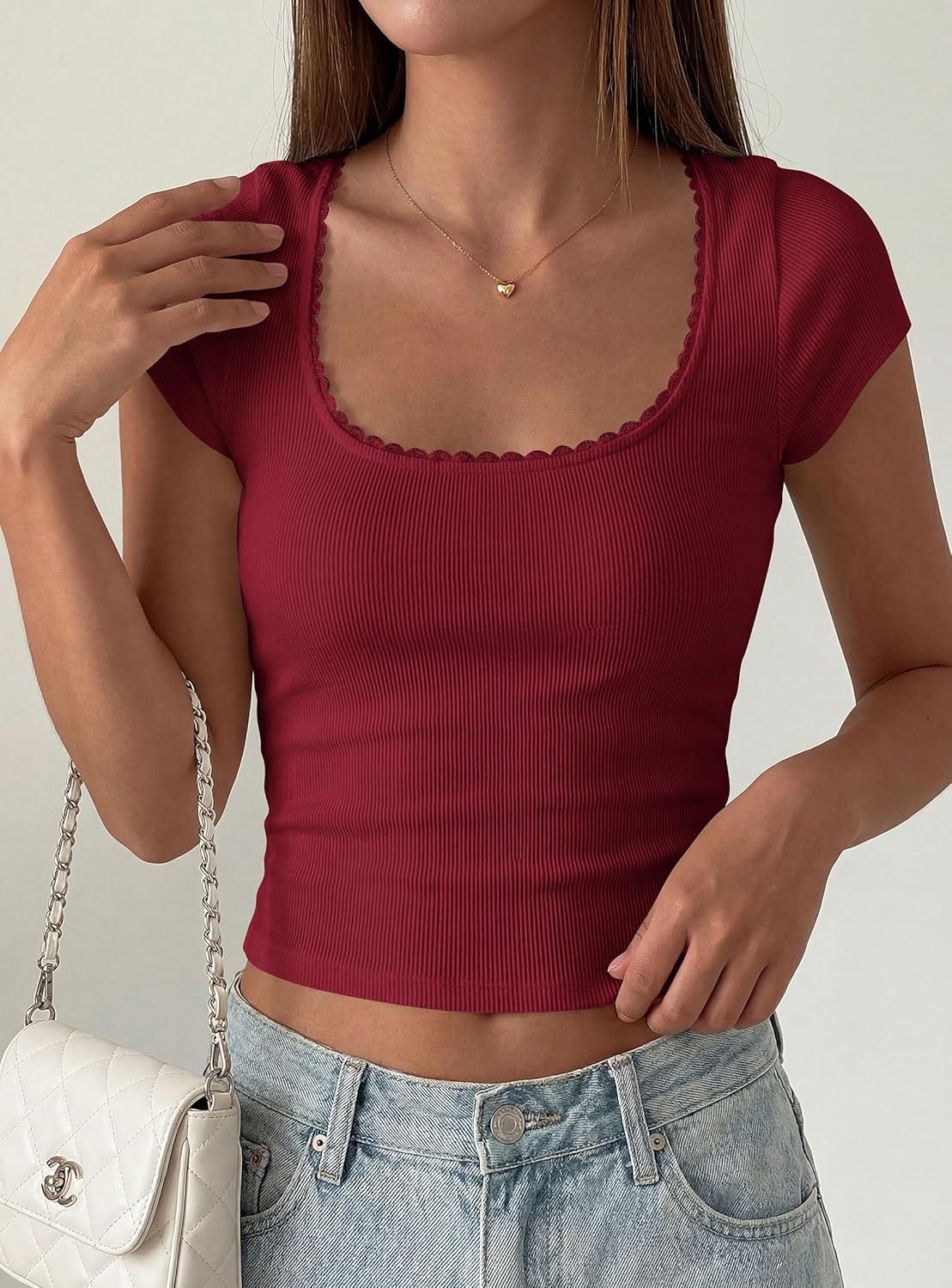 imagePRETTYGARDEN Womens Short Sleeve Tops 2026 Summer Lace Trim Square Neck Slim Fitted Going Out Basic Tee Shirts Y2K ClothesBurgundy