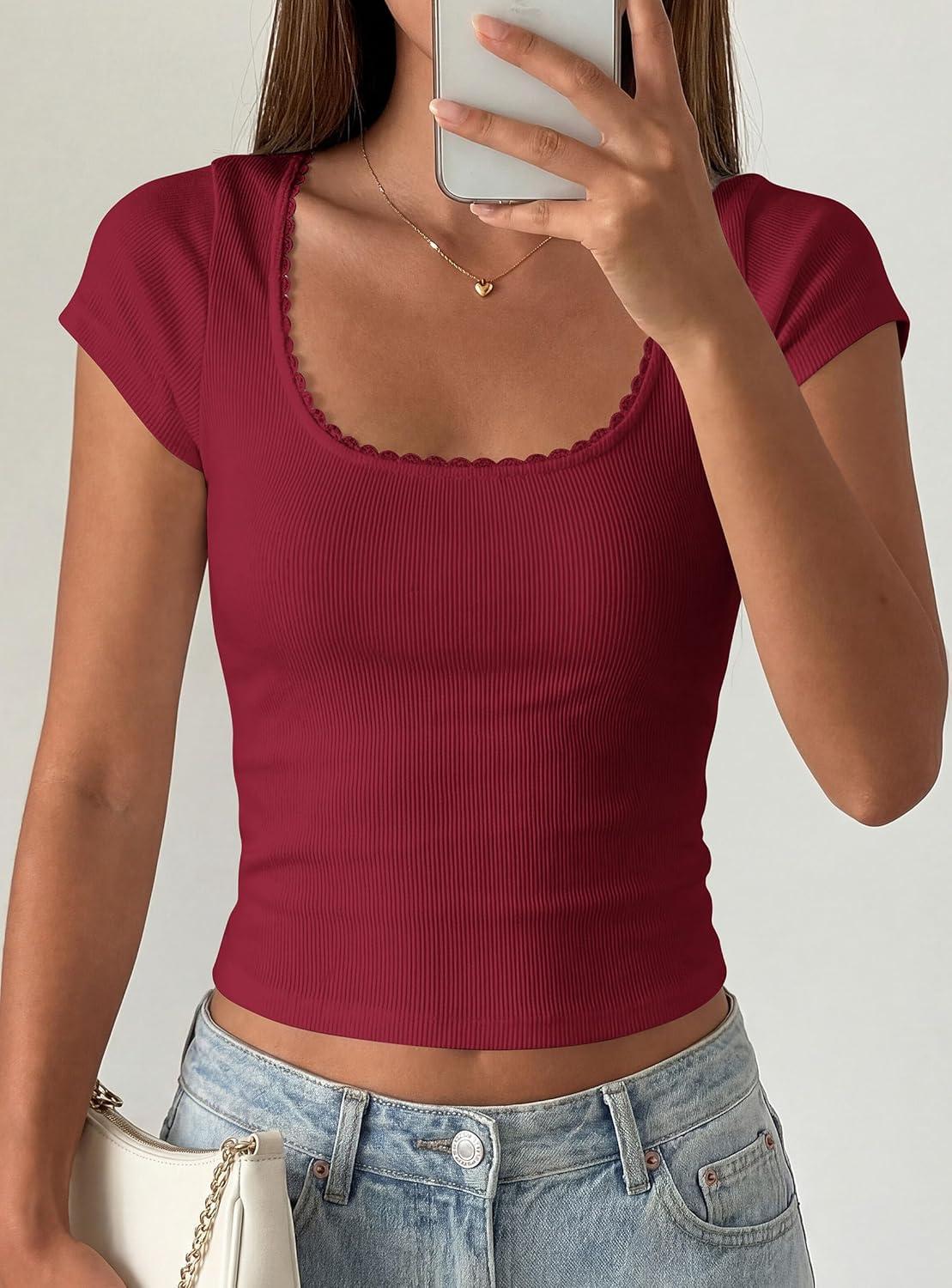 imagePRETTYGARDEN Womens Short Sleeve Tops 2026 Summer Lace Trim Square Neck Slim Fitted Going Out Basic Tee Shirts Y2K ClothesBurgundy