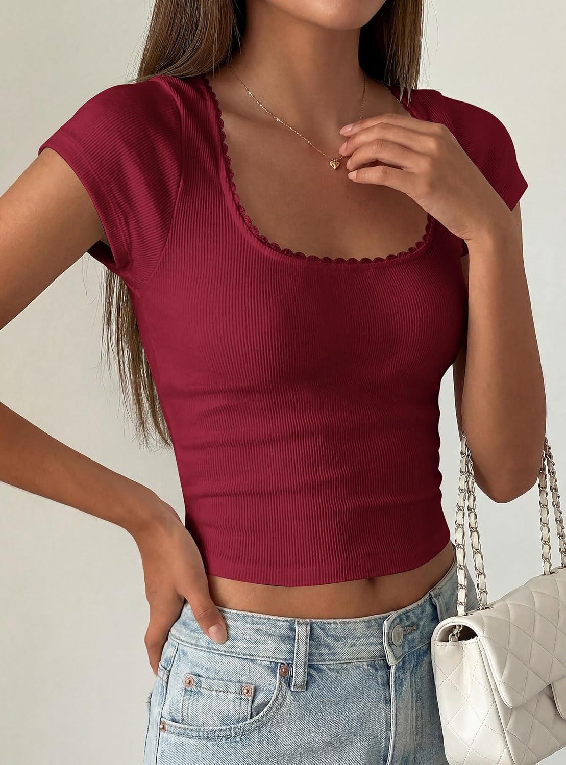 imagePRETTYGARDEN Womens Short Sleeve Tops 2026 Summer Lace Trim Square Neck Slim Fitted Going Out Basic Tee Shirts Y2K ClothesBurgundy